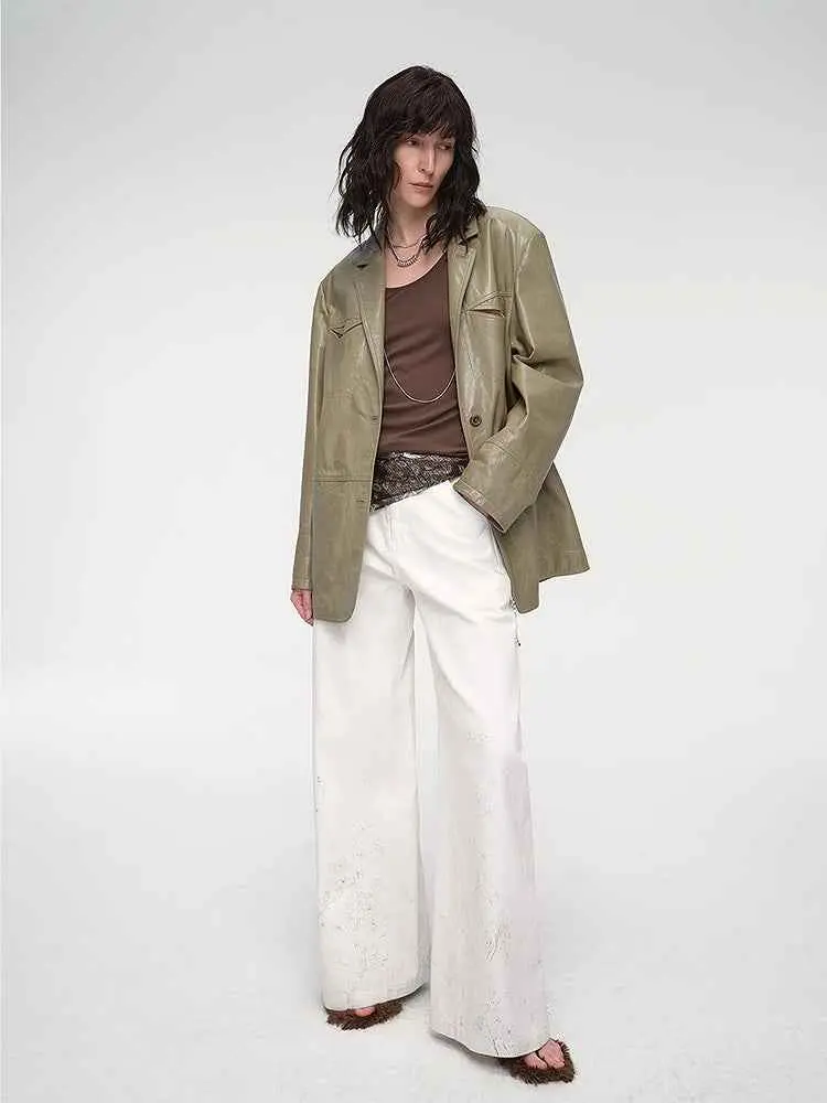 "Windsor Past" Wide-Shoulder Waxed Leather Suit Jacket