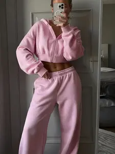 2-Piece Women's Pink Co-ord Set with Cropped Hoodie and Wide-Leg Sweatpants, Y2K Aesthetic Loungewear for Casual Street Style