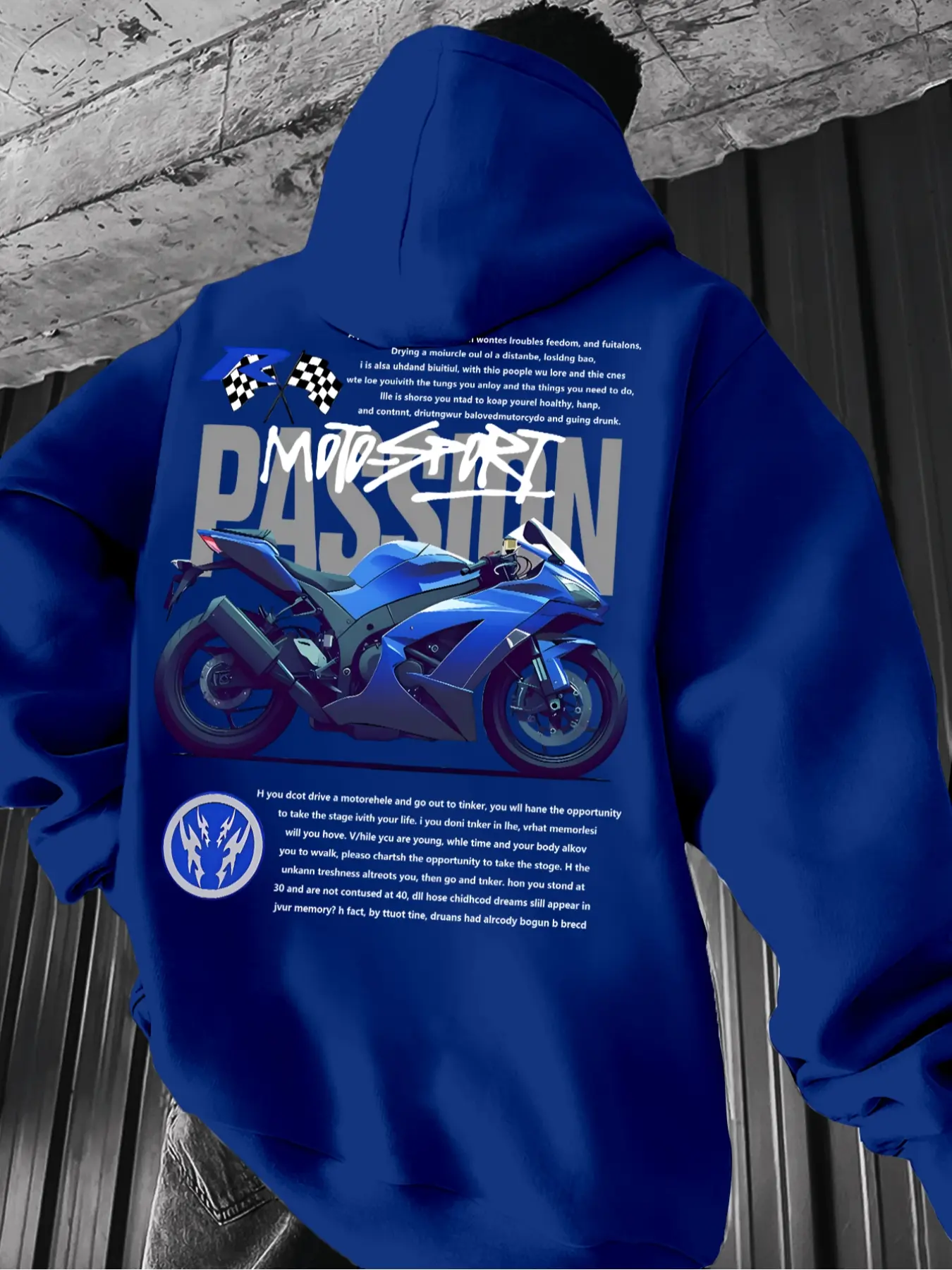 Men's Thick Casual Graphic Print Hoodie with Cool Motorcycle Print, Geometric Letter Pattern, Drawstring Pocket Long Sleeve Sweatshirt