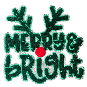 Iron On Patches Chenille Christmas Tree Sequin Embroidered Applique Glitter Edge Hot Pink Diy Accessories Decoration Cotton Faux