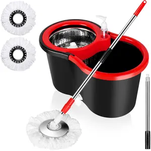 VEETGG Easywring Microfiber Spin 360 rotating Mop Bucket Floor Cleaning System + 3 Extra Refills Mop Heads,Red/Black Set Pack