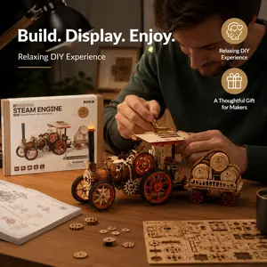 ROKR Battery-Powered Steam Engine 3D Wooden Puzzle - Motorized Vintage Model with 3-Speed Control, Trailer, DIY Interactive Desk Decor for Adults, Engineering Enthusiasts, Puzzles