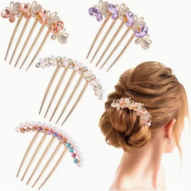 Hair Pins 4-Piece Set, Elegant Pearl & Rhinestone Butterfly U-Shaped Combs for Women, Accessories for Wedding Party Updos, Updo, Butterfly Clips