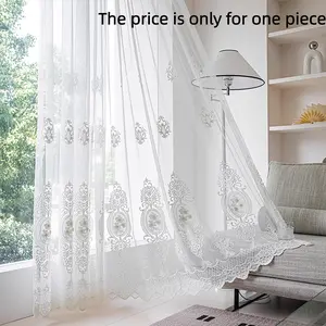1pc European High-End French Romantic Embroidered Sheer Curtain with Beads, Suitable for Living Room Balcony Window Drilling Processing