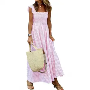 Women's Retro Plaid Smocked Dress Spaghetti Strap Flounce Long Casual Sleeveless Flowy Evening Fashion Basic with Pockets Womenswear Cute Elegant Sky