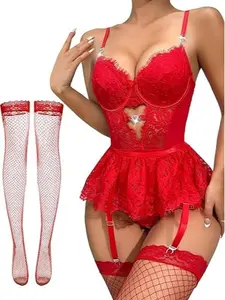 Sexy Stocking Rhinestones Heart Garter Underwire Floral Mesh lace Sheer Babydoll Lingerie Teddy Bodysuit Skirt Set