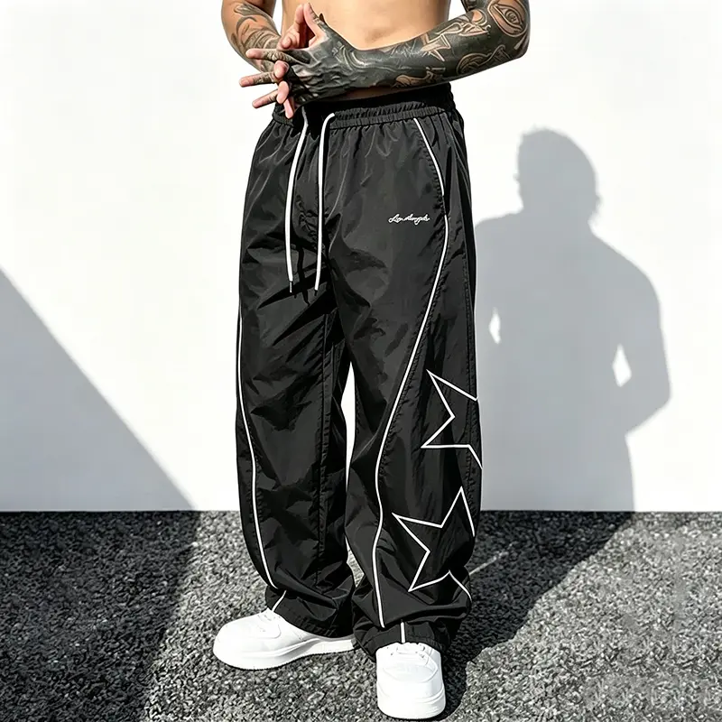 Men's Retro Street Star-Embroidered Straight-Leg Woven Polyester Track Pants - Vintage Retro Hip-Hop Fit Menswear, All-Season Versatile Athletic Pants with Print