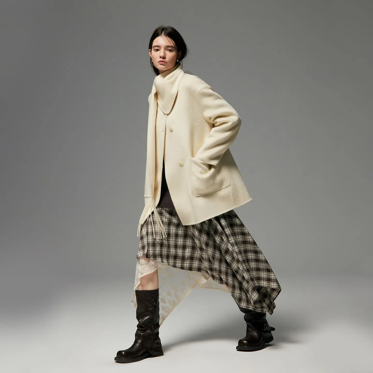 Wool Short Coat for Ladies, Detachable Fringe Scarf Oversized Loose Minimalist Wool Outerwear Autumn Winter