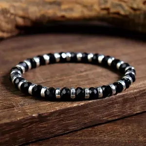 Men's Black Onyx Stainless Steel Beaded Bracelet, 4mm Punk Dainty Jewelry Gift