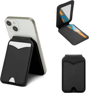 Magnetic Wallet Stand with Mirror Compatible with Magsafe Adjustable Kickstand PU Leather Card Holder Back of Phone for iPhone 16/15/14/13/12 Series