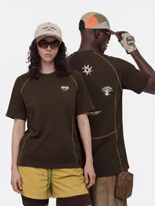 Aelfric Eden Unisex City Sport Short-Sleeve Shirt - Contrast Color Shoulder Stitch, Mid-Rise Loose Boxy Fit, Breathable Cotton Graphic Tees, Casual Streetwear Top