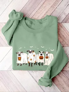 Women's Cow Print Thermal Lined Sweatshirt, Halloween Casual Long Sleeve Round Neck Pullover for Daily Wear, Ladies Fall & Winter Clothes