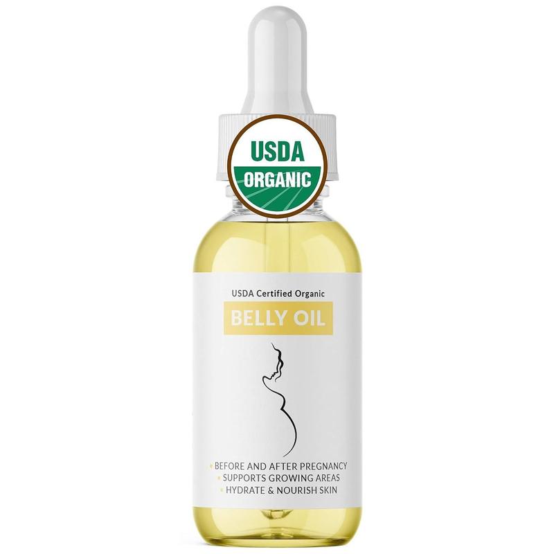 Organic Belly Oil - Certified USDA Organic Nutrient Rich Body Oil For Growing Areas, Scars & Stretchmarks - Maternity, Pregnancy, Post Partum & On - 1 Fl Oz Glass & Dropper