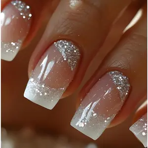 96PCS (4Pack) French Short Bling Press on Nails, Square Bright Stars Shiny Fake Nails with White Glitter Edges , Acrylic False Nails with Golden Line Designs, Full Cover Glossy Acrylic Stick Fake Nails for Women Girls