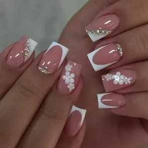 Simple Short Staircase Nail Art, French Five-Petal Flower Handmade Rhinestone Detachable Nails, Women Girls Office Commute Daily Date Wedding
