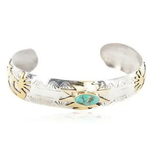 12kt Gold Filled and .925 Sterling Silver Certified Authentic Kokopelli Handmade Navajo Natural Turquoise Native American Bracelet 12966-4