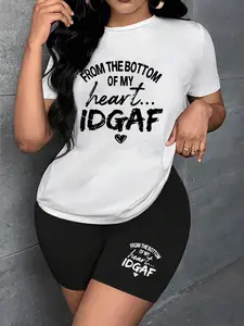 【Plus Size】 Letter Print Tee & Skinny Shorts Set, Stretchy Outfit Sets, Shorts Sets Outfits, Casual Round Neck Short Sleeve T-shirt & Shorts, Women's Summer Clothes for Daily Wear, Suits