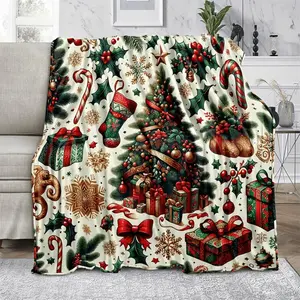 Elegant Reversible Microfiber Flannel Christmas Throw Blanket for AllSeason Use Featuring Festive Tree Stockings and Gift Designs Perfect for Sofa and Bed Decor