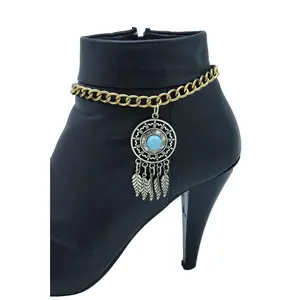 Women Western Fashion Jewelry Metal Boot Chain Anklet Heel Shoe Ethnic Feather Charm Turquoise Blue Bead (Gold)