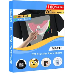 100 Sheets DTF Transfer Film Paper A4 Double Sided Thick Clear Pretreat Sheets, PET Heat Transfer Paper for Inkjet Printer DTG Printer Direct Print  T Shirts Textile