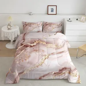 Marble Designer Comforter Set,Pastel Pink Gold Luxury Bedding Set,Girly Golden Cracked Lines Comforter,Liquid Abstract Art Quilt Set Duvet