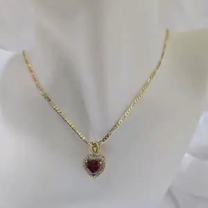 Gold Plated 203 Unisex 232 Thin Chain Necklace with Red Heart Pendant Dije Corazon Rojo