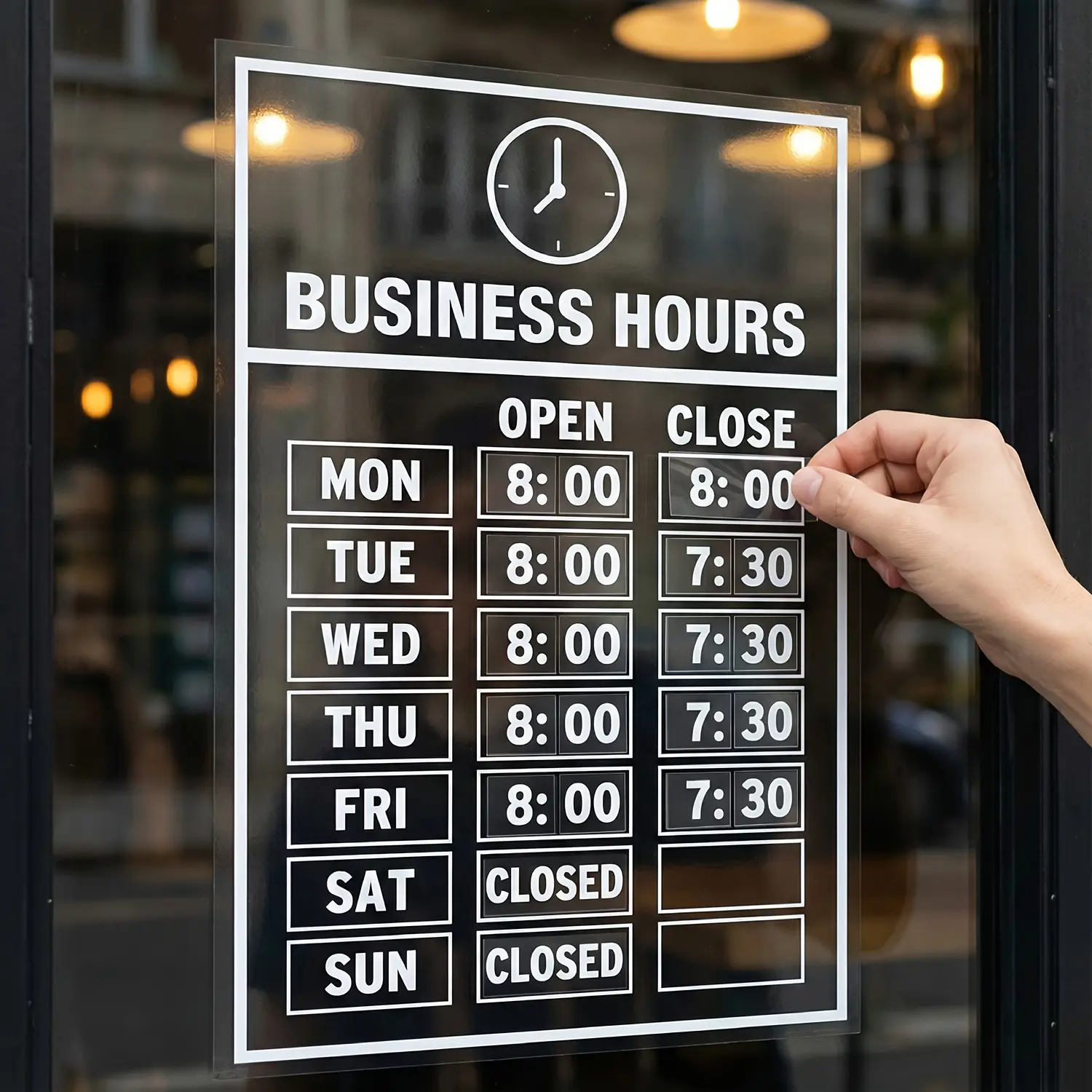 Business hours window sticker, transparent UV-resistant store business hours sticker, self-adhesive opening and closing time sign, white ink transparent vinyl glass door sticker, Adhesive Stickers