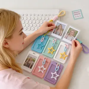 Cute Star Charm Card Holder Sliding Cover Design Kawaii Card Case For Bus Pass, ID Badge, Keychain & Photocards Soft Silicone Material Colorful Braided Lanyard Sweet Girl Aesthetic Portable & Protective Perfect Kpop & Daily Accessory -RR