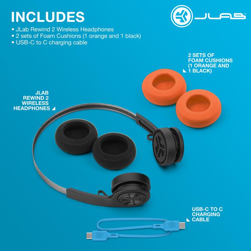 JLab Rewind2 Wireless Retro 80s+90s Bluetooth Headphones with 20+ Hours Playtime Custom Sound Music Controls Microphone Rechargeable Lightweight Design - Electronic