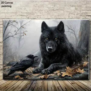 2D Flat, Black Wolf with Glowing Eyes Framed Canvas Wall Art - 2D Flat Retro Style Wrapped Canvas Print, Pine Wood Frame