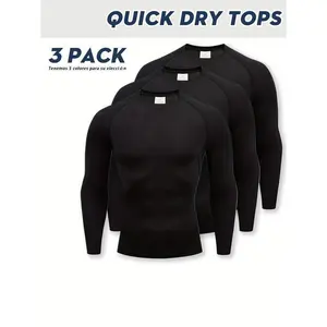 3 Pack High Stretch Quick Dry Compression Long Sleeve T-shirts For Men, Gym, Workout, Sport, Crew Neck Multipack Black Tight Athletic Plain Tops