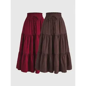 Women's two-piece set, casual slim fit long skirt with drawstring and layered ruffles, thin woven fabric, solid color pattern, suitable for all seasonsRAIMENTRY