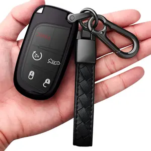 Compatible with Jeep Key Fob Cover with Leather Keychain Soft TPU Protection Key Case for Grand Cherokee Renegade Chrysler 200 300 Dodge RAM Durango Challenger Journey Dart Fiat Smart Key,Black