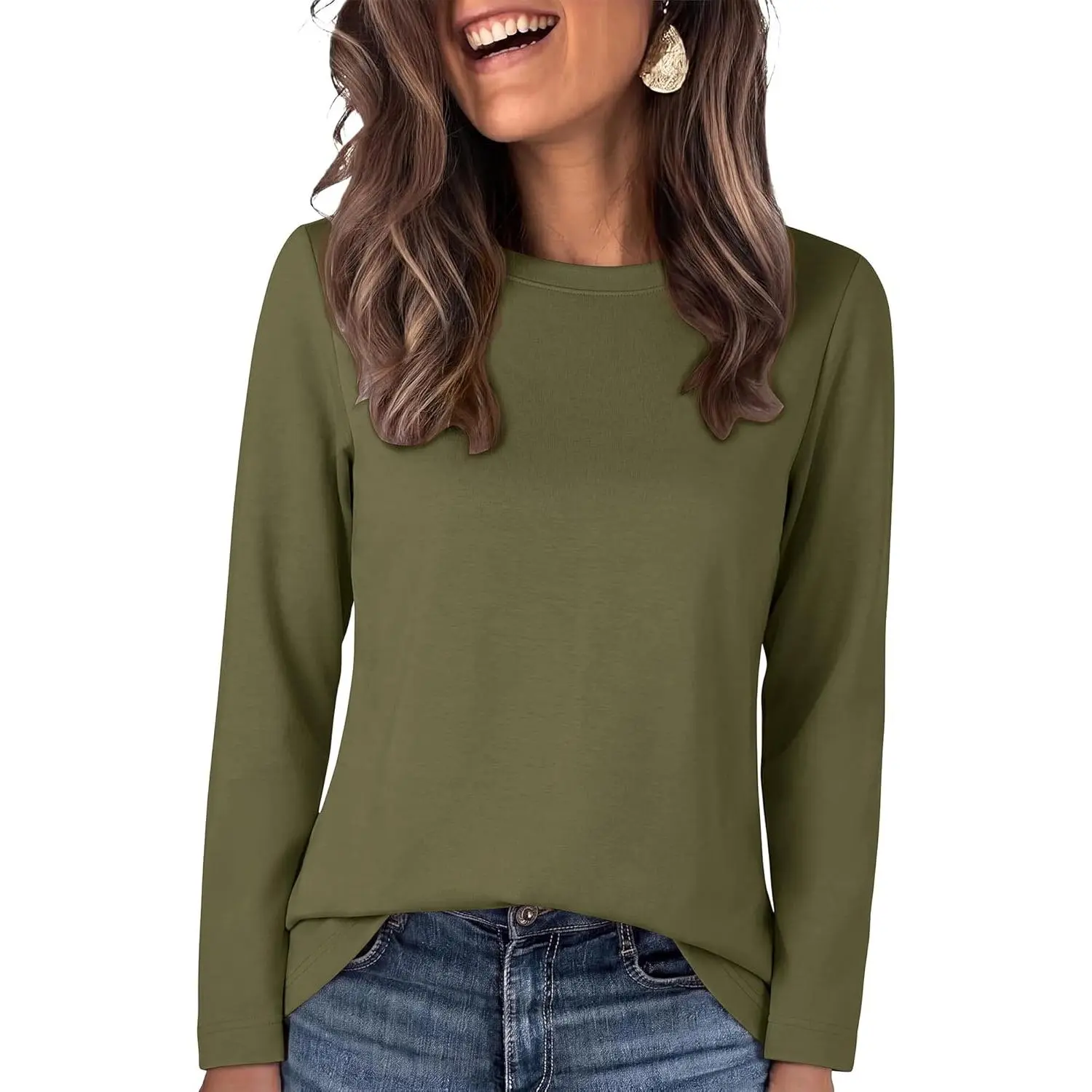 ANRABESS Long Sleeve Shirts for Women, Soft Stretch Crew Neck Tops, Wrinkle-Free Basic Tee, Office Casual Daily Wear, Fall Clothing