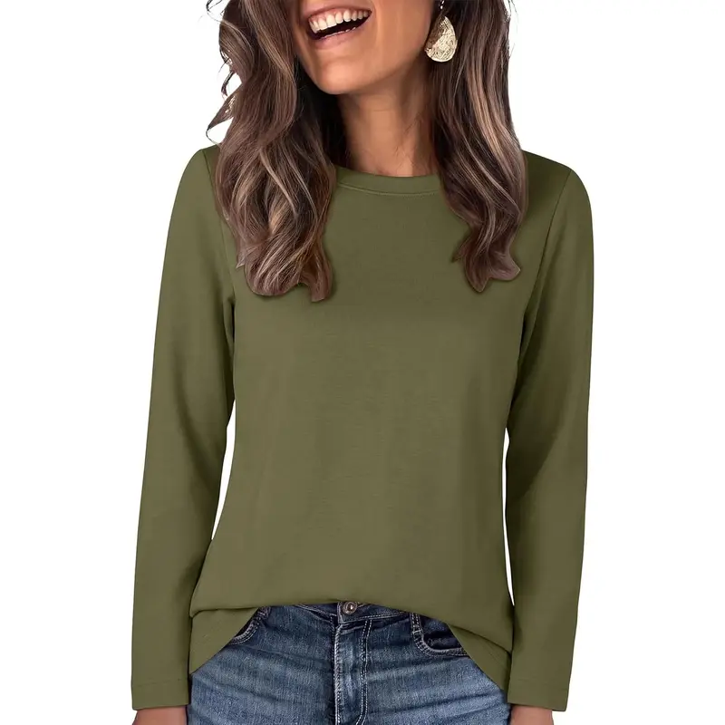 ANRABESS Long Sleeve Shirts for Women, Soft Stretch Crew Neck Tops, Wrinkle-Free Basic Tee, Office Casual Daily Wear, Fall Clothing