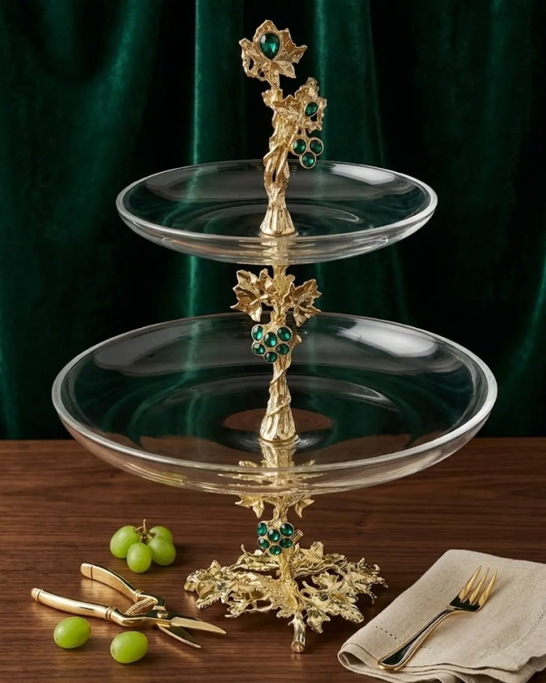 2 Tier Serving Tray with Glass Plates – Emerald Collection Dessert Stand, Silver Vine Tiered Serving Stand for Cupcakes, Pastries, Fruit, Appetizers & Elegant Table Display