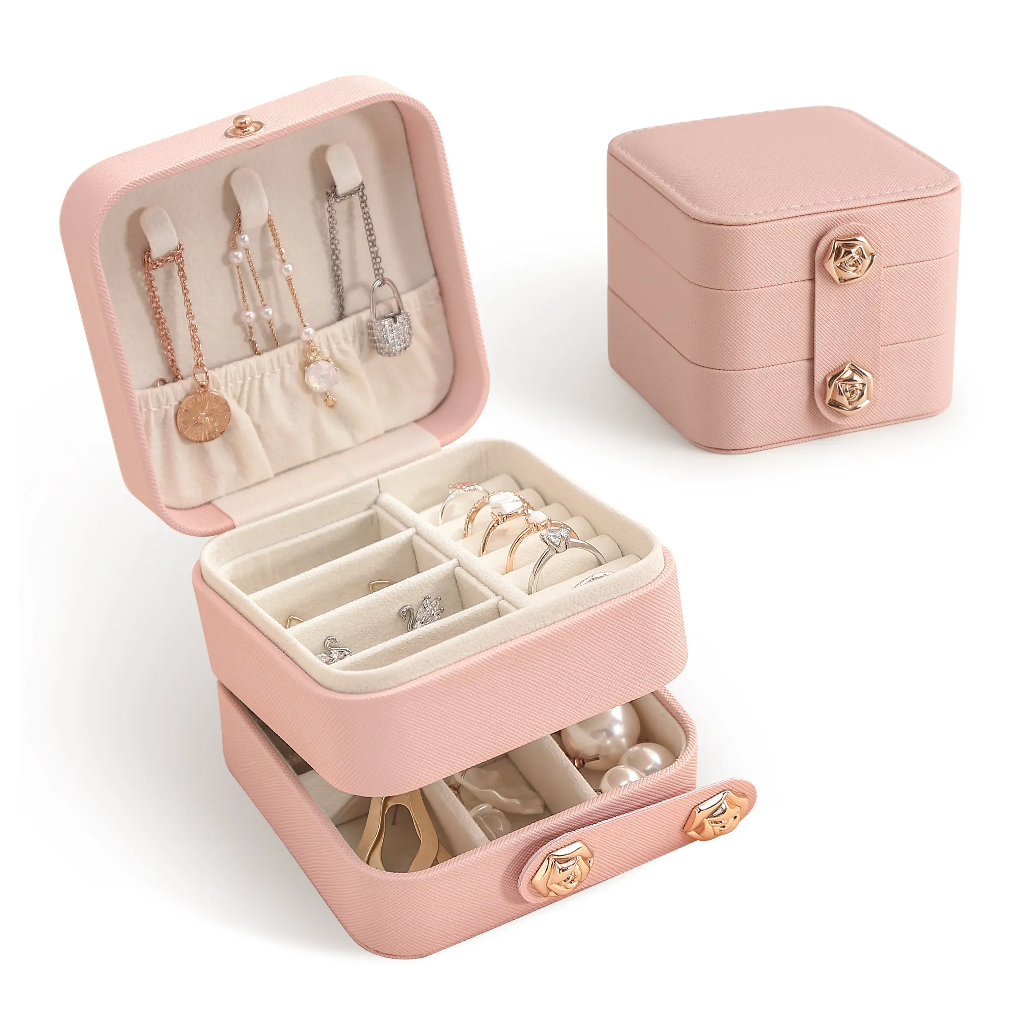 3-Layer Cube Drawer Jewelry Box with Floral Clasp Multi-Color Organizer Creative Desk Art Gift for Women in Pink