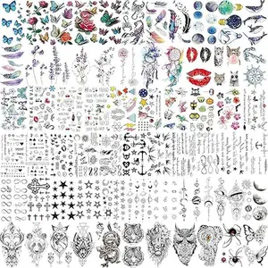66 Sheets 430+ PCS Cute Temporary Tattoos For Women Men Adults, Watercolor Butterfly Flower Lavender Fake Tattoo Stickers Kids Boys Girls, Black Star Animals Space Temp Tattoos Dragon Wolf Lion