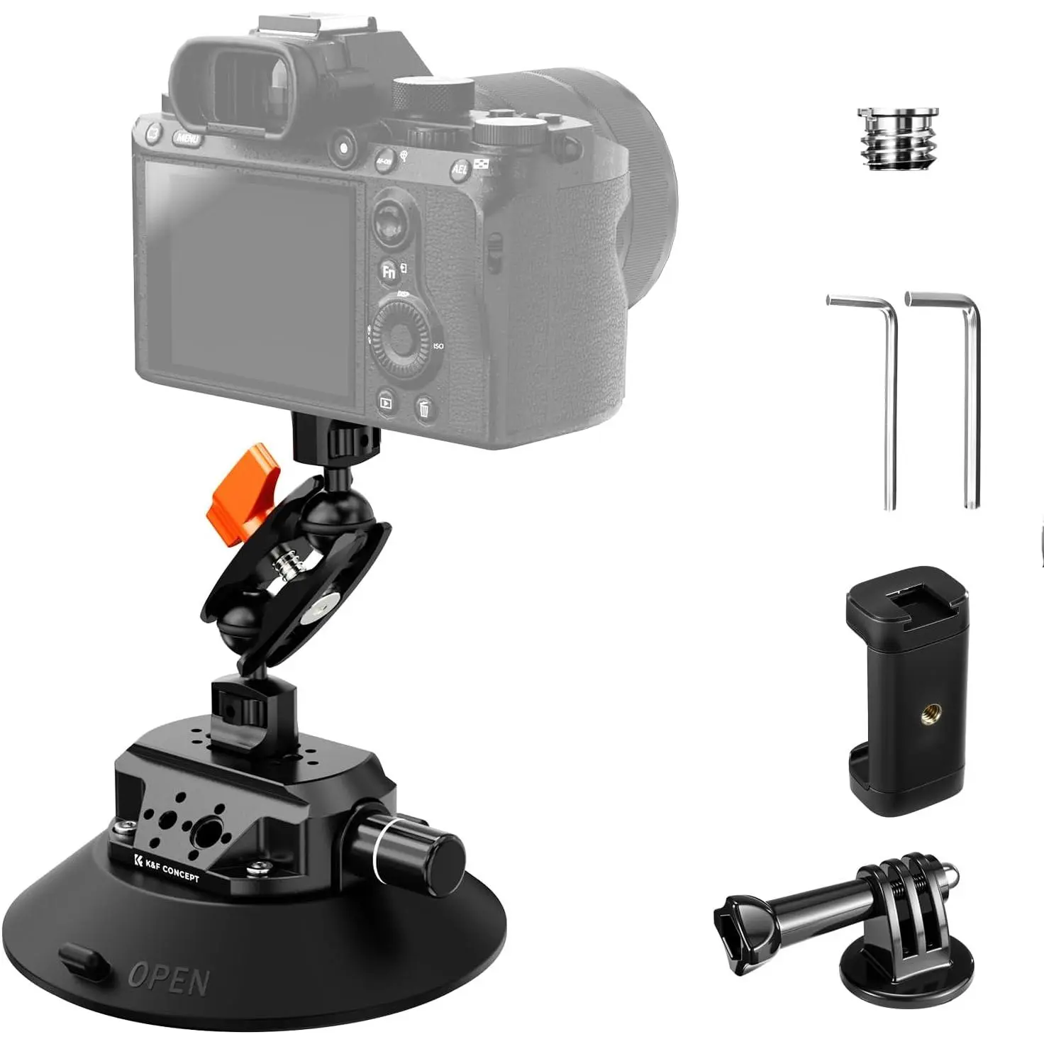 【DealsForYouDays】K&F CONCEPT 6 in Suction Cup Mount with Magic Arm, ARRI-Style 1/4"-3/8" Threads & Quick Release, Car Equipment for Digital Cameras, Action Cameras & Phones (Compatible with Hero 13/12, DJI, Insta360)
