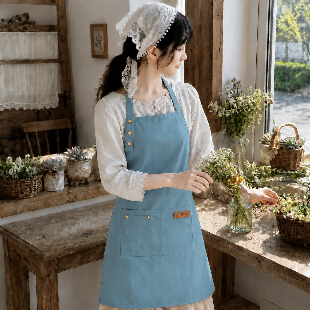 Adjustable Bib Apron with Pockets, Kitchen Cooking Chef Barista Work Apron for Women & Men, Full Coverage Apron for Baking BBQ Restaurant Cafe, 6 Solid Colors