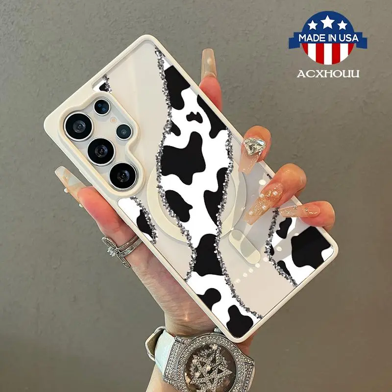 Adorable Magnetic Case for Samsung S22/23/24/25 plus ultra Black and white milk stripes MagSafe Compatible, Lightweight, Anti-Fall | Girly & Chic Style
