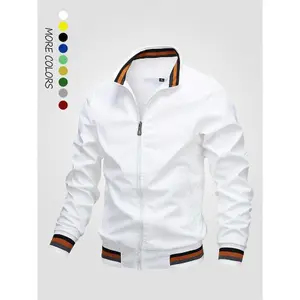 Men's Striped Trim Zip Up Varsity?Jacket,?Regular 2024 Mens Jacket, Streetwear Long Sleeve Pocket Baseball Jacket, Windbreaker Bomber Jacket, Men's Fall?Clothing for Daily Wear Tops Collared Fathersdaygift Menswear Coats Tights Gamis