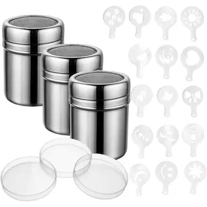 3 PCS Stainless Steel Powdered Sugar Shakers with 16pcs Decorating Stencils, Powdered Sugar Shaker Duster, Cinnamon Shaker,Easy to Use, Evenly Dusts Powdered Sugar for Baking, Desserts, and Drinks