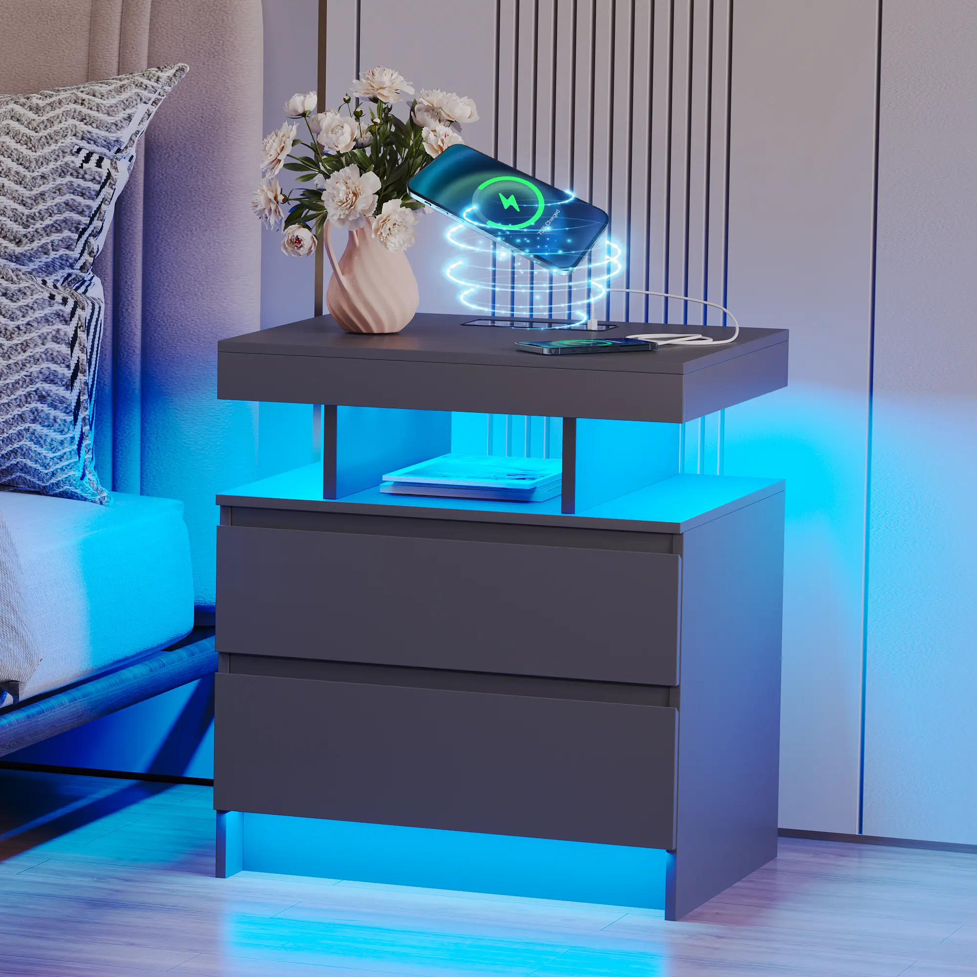 Vlsrka LED Nightstand with Charging Station, Smart Bedside Table, Modern Night Stand, Floating Desktop, 2 Drawers, 1 Compartment, Human Body Sensor, for Bedroom Living Room Office Storage