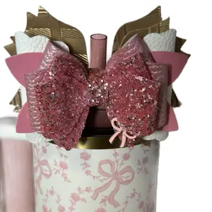 Croquette Bow Chantilly Tumbler Bow Straw Topper with Glittery Pink Bow and Floral Design