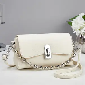 Beaded Chain Crossbody Bag for Women, Chic Flap Purse with Silver Turn Lock Closure & Adjustable Shoulder Strap, Mini Shoulder Bag for Everyday Use
