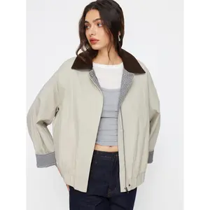 Cider Cotton-Blend Gingham Colorblock Collar Zip Through Oversized Barn Jacket