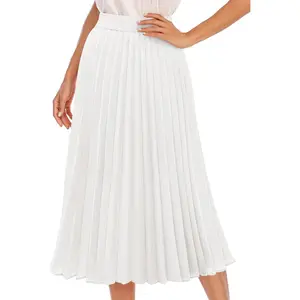 Pleated Midi Skirts for Women Long Aline Elastic High Waisted Chiffon Skirt