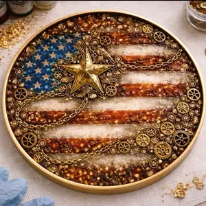 Steampunk American Flag Serving Tray with Gold Star and Gear Design for Patriotic Decor