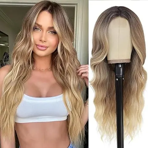 Ombre Blonde Wavy Wig for Women Long Middle Part Curly Wavy Wig Natural Looking Synthetic Heat Resistant Fiber for Daily Party Use